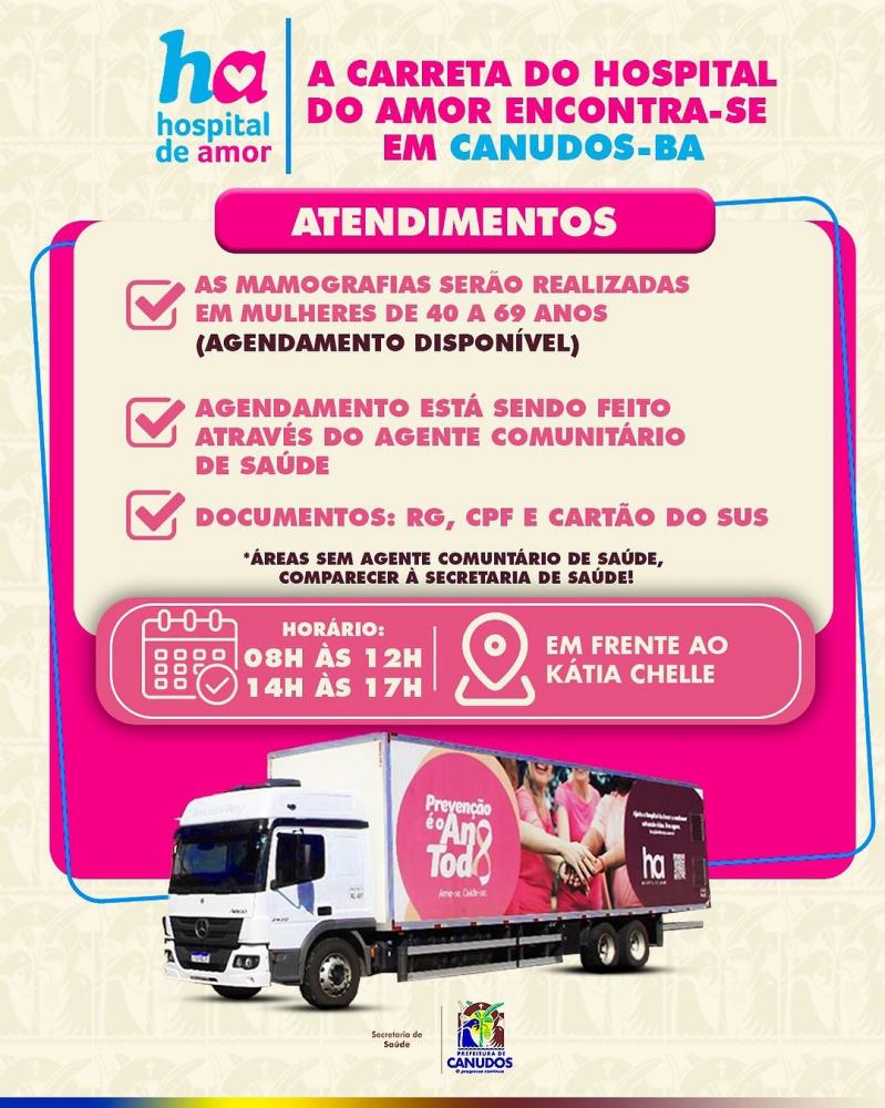 Carreta do Hospital do Amor chega a Canudos para Realizar Mamografias Gratuitas em Mulheres de 40 a 69 Anos