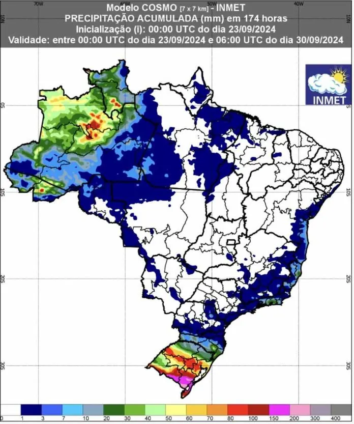 Inmet divulgou previsão de chuva e temperaturas para todo o Brasil até 30 de setembro