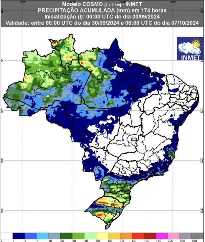 Inmet divulgou previsão do tempo para todo o país até 7 de outubro