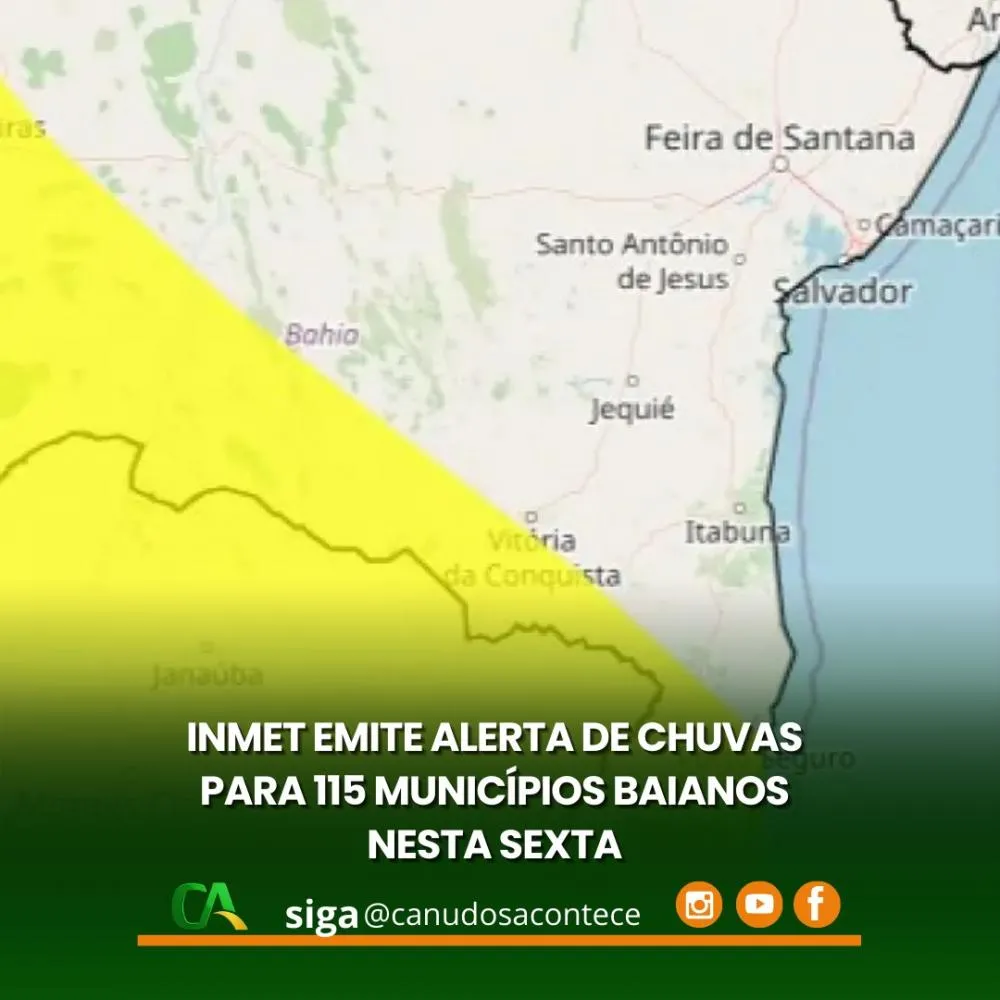 Inmet emite alerta de chuvas para 115 municípios baianos nesta sexta