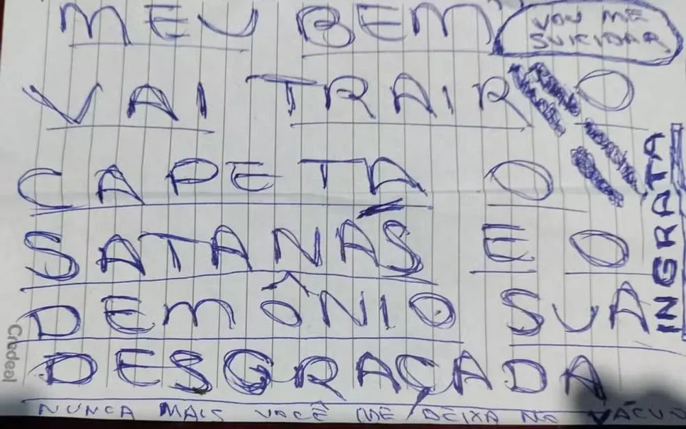 Mulher é morta na Bahia e suspeito deixa bilhete ao lado do corpo: ‘Meu bem, vai trair o capeta’