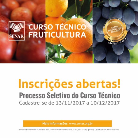 JUAZEIRO-BA: INSCRIÇÕES ABERTAS PARA CURSO TÉCNICO EM FRUTICULTURA DO SENAR 