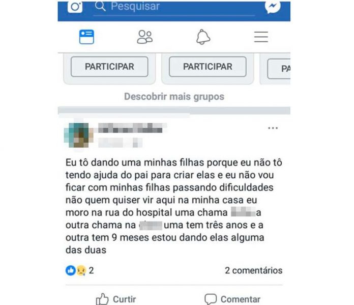 Sem dinheiro, jovem baiana anuncia doação de filhas no Facebook