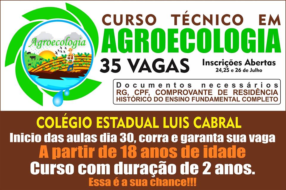 CANUDOS - COLÉGIO LUIS CABRAL ABRE INSCRIÇÕES PARA CURSO TÉCNICO EM AGROECOLOGIA (LEMBRETE)