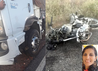 Mulher morre em acidente entre moto e caminhão na rodovia BA-416, em São Domingos