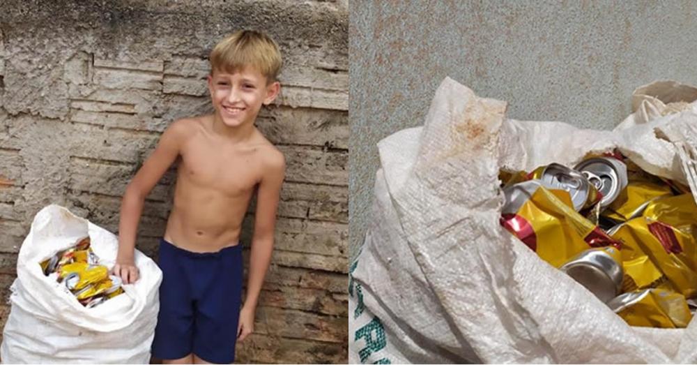 Criança de apenas 10 anos junta latinhas para comprar seu material escolar e dos irmãos