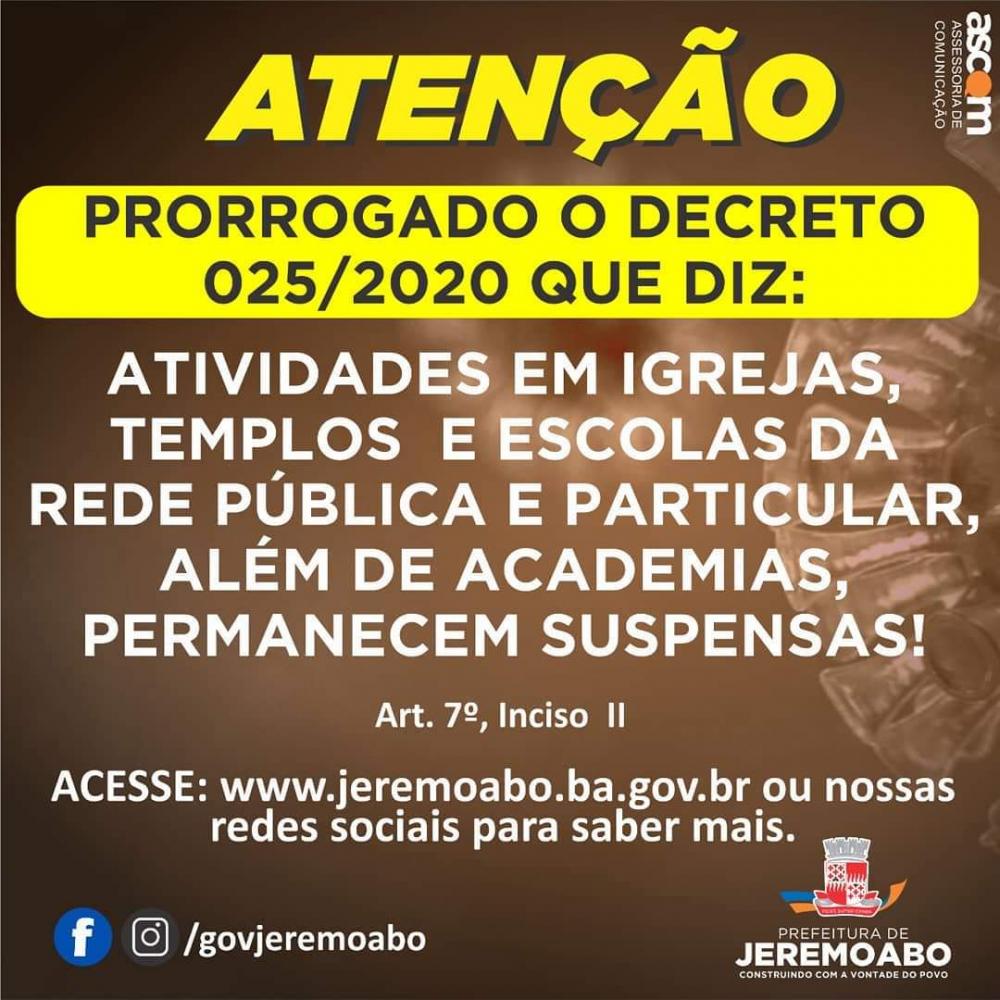Prefeitura de Jeremoabo prorroga suspensão de aulas e eventos por mais 15 dias