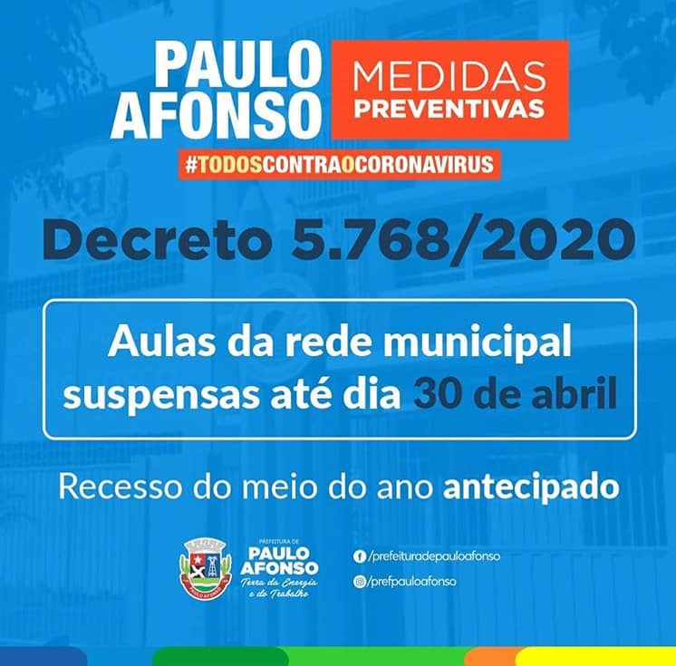 Paulo Afonso: Aulas da rede municipal seguem suspensas até 30 de abril e recesso do meio do ano é antecipado