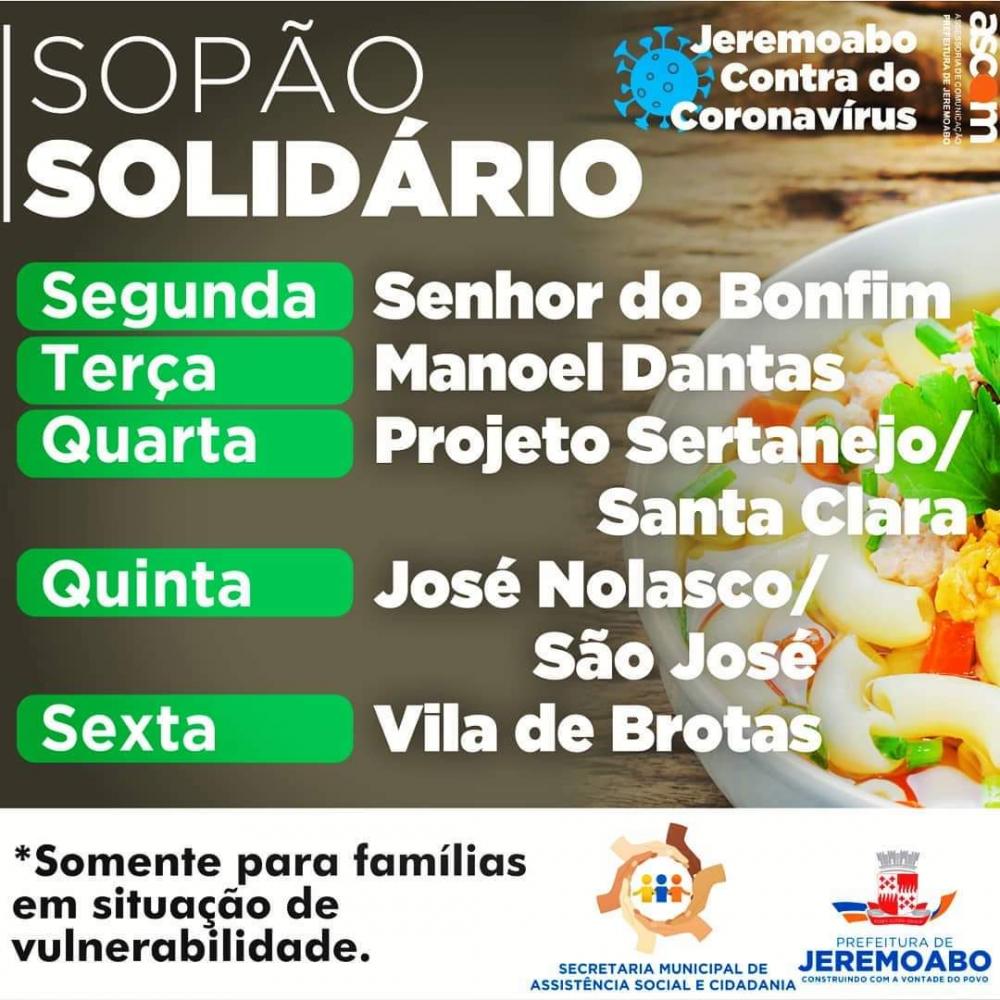 Jeremoabo: Secretaria de Assistência Social irá distribuir porções de sopa e cuscuz para famílias carentes