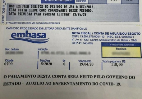 Essa é uma das 800 mil contas de água pagas pelo Governo do Estado para pessoas que estão no CADASTRO SOCIAL