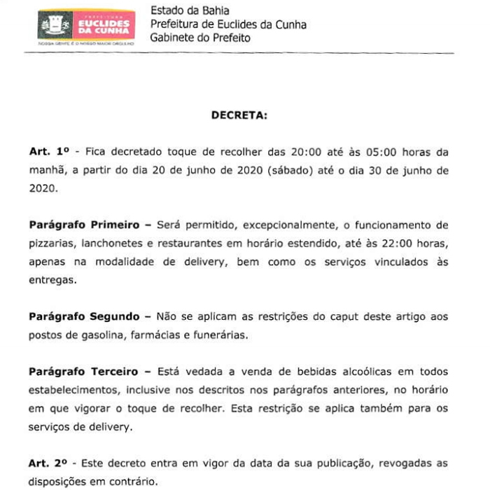Prefeito de Euclides da Cunha decreta ‘toque de recolher’ até o próximo dia 30