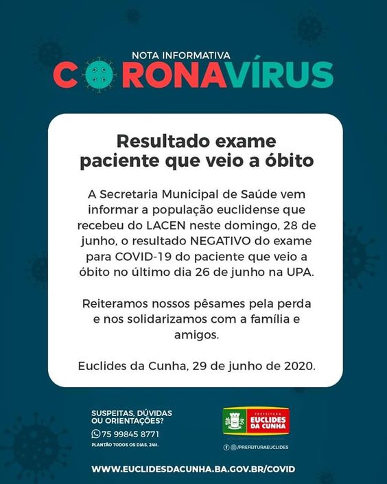 Euclides da Cunha: Paciente que veio a óbito no dia 26 não estava com Covid-19; Exame deu Negativo