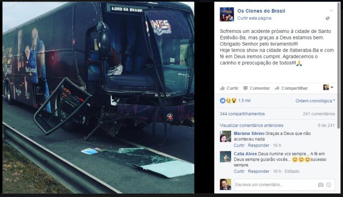 MADEIRAS CAEM DE CARRETA E ATINGEM ÔNIBUS DA BANDA 'OS CLONES DO BRASIL' NA BR-116