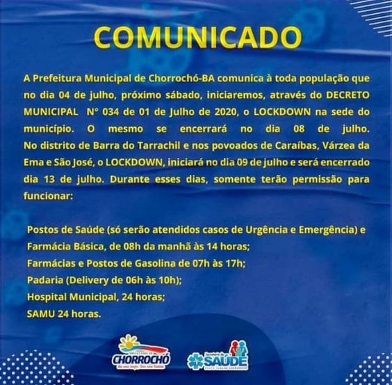Lockdown em Chorrochó: Na sede será do dia 04 ao dia 08 e nos povoados do dia 09 ao dia 13 de julho