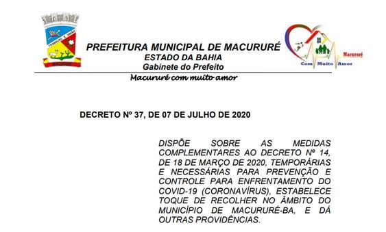 Macururé: Veja as determinações do novo Decreto publicado nesta terça-feira (07)