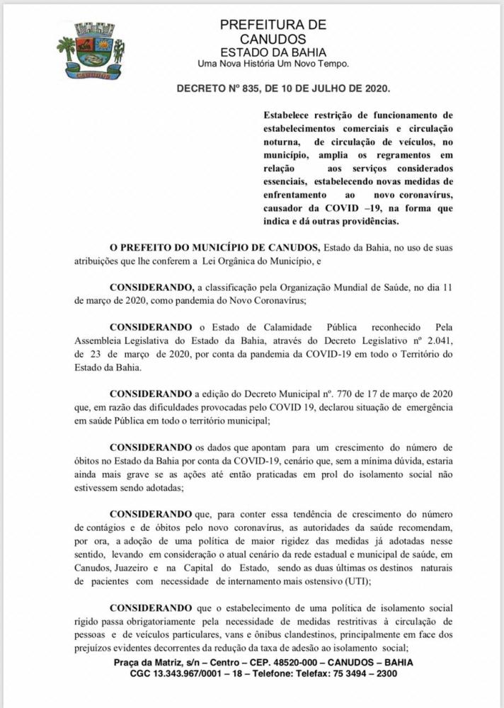 Canudos-Ba: Decreto Atualizado