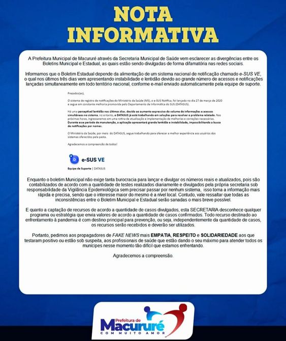 Nota Informativa da Secretaria Municipal de Saúde de Macururé-BA