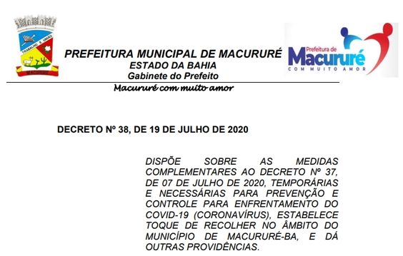 Macururé tem novo Decreto: Veja como funcionarão os comércios, o Toque de Recolher e demais regras