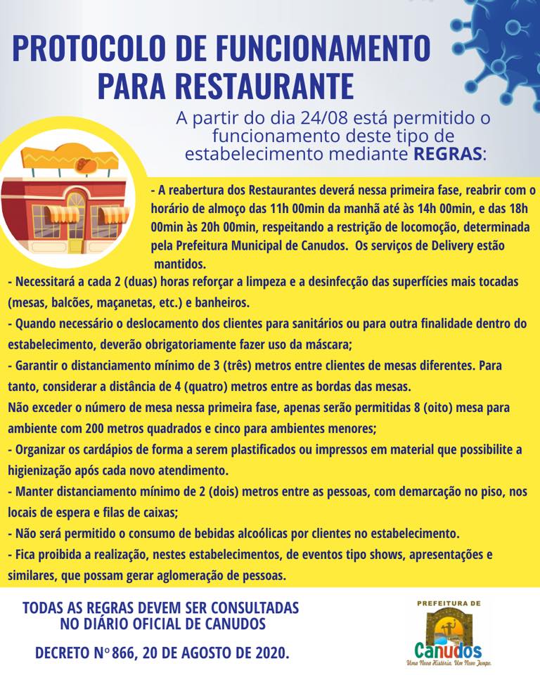  Prefeitura de Canudos anuncia protocolos a serem seguidos para reabertura de restaurantes, igrejas, academias e salões de beleza