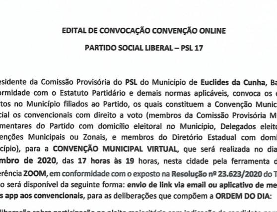 PSL também fará convenção municipal online, em Euclides da Cunha