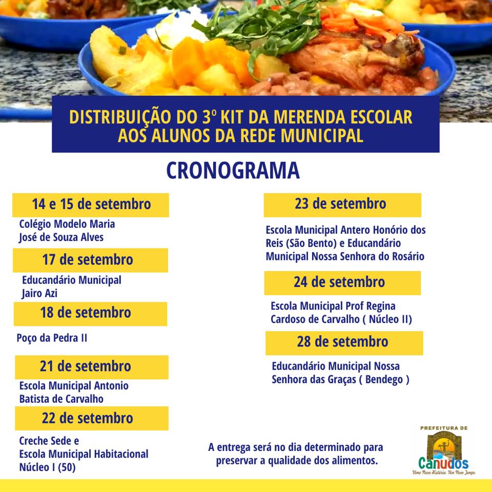 A Prefeitura de Canudos informa que a distribuição do 3º kit de merenda escolar aos alunos da rede municipal de ensino.