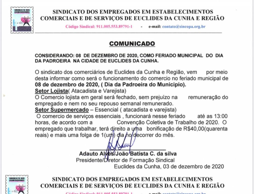 O funcionamento dos estabelecimentos comerciais de Euclides da Cunha durante o feriado municipal