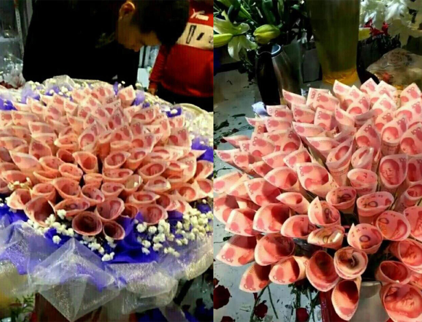 Homem “romântico” dispensa rosas e dá à namorada buquê com notas somando R$ 4.500
