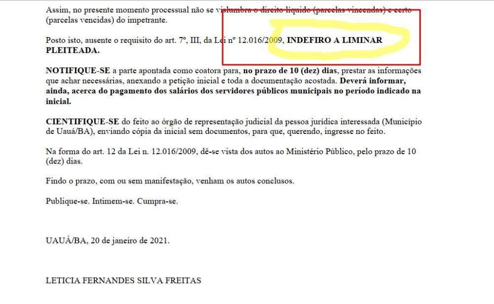 Juíza nega pedido de Mandado de Segurança Coletivo contra Prefeitura de Uauá