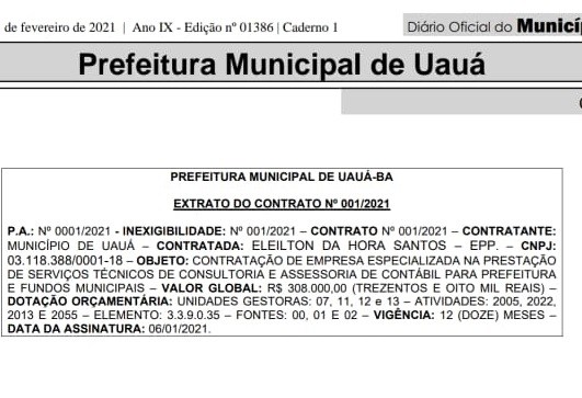 Uauá: Contrato com empresa para prestação de serviços de consultoria e assessoria contábil ultrapassa (cem mil) reais a mais ao ano em comparação com a do governo passado.