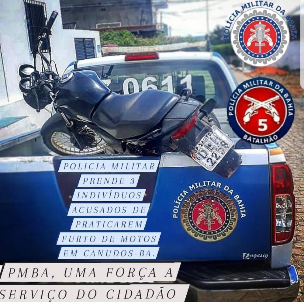 Nesta segunda-feira, 22 de Fevereiro, a Guarnição da 5° CIA da Policia Militar, em Canudos, prendeu 3 homens acusados de estarem por trás do furto de 3 motocicletas.