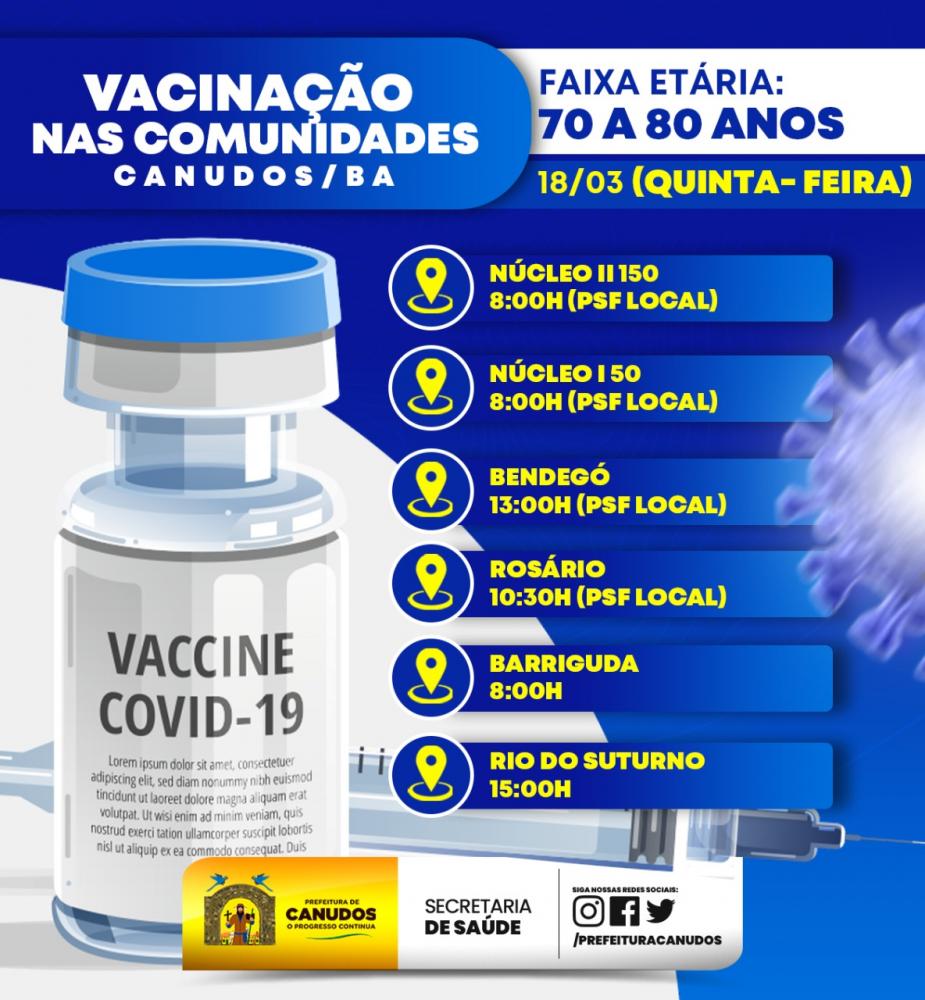 A Secretaria de Saúde promoverá nesta quinta-feira (18/03), a vacinação dos idosos na faixa etária de 70 a 80 anos que residem algumas comunidades do município.