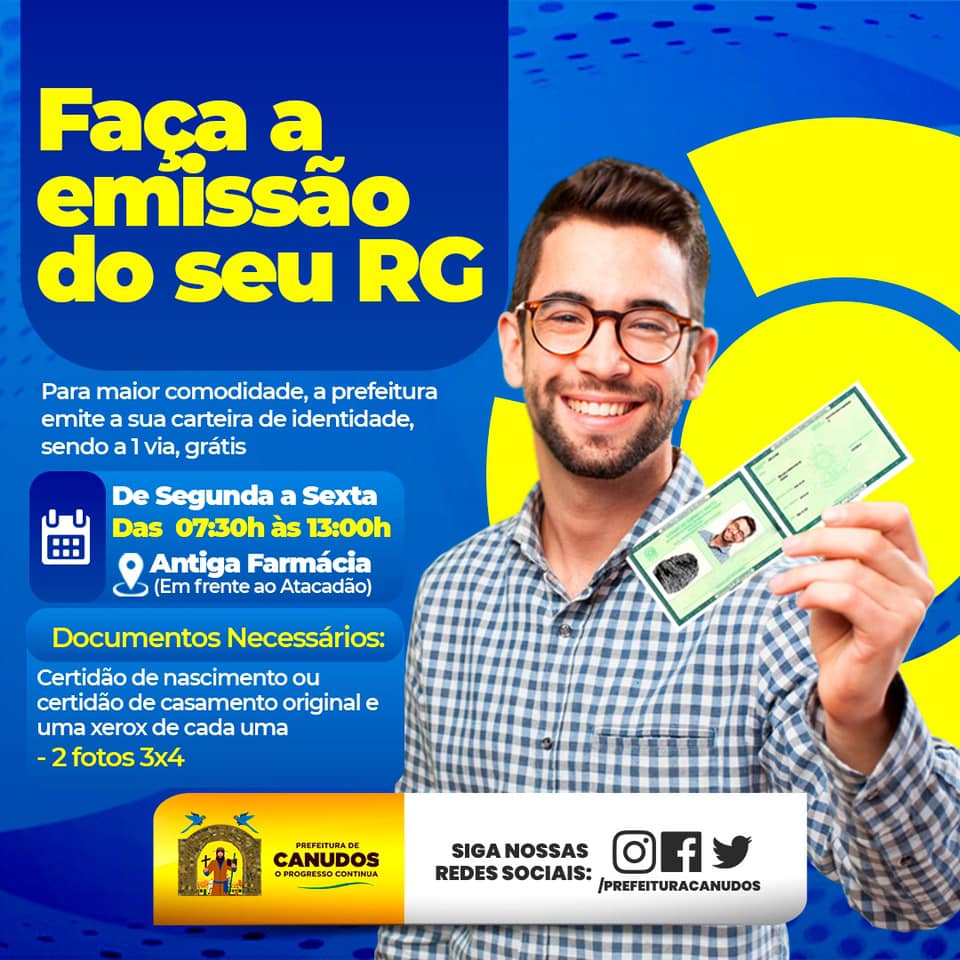 A Prefeitura Municipal de Canudos está disponibilizando a emissão do RG (Registro Geral) para aqueles que ainda não possuem ou precisam de uma segunda via. 