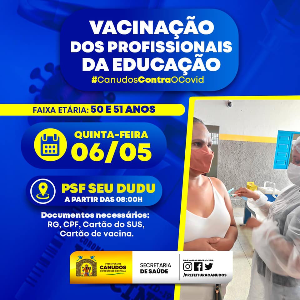 A Prefeitura Municipal de Canudos, por meio da Secretaria de Saúde, já iniciou a vacinação dos profissionais da educação de Canudos. 