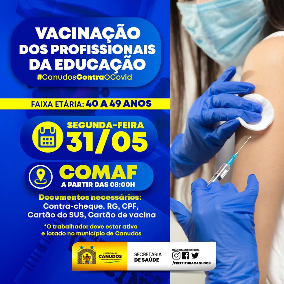 A Prefeitura Municipal de Canudos, por meio da Secretaria de Saúde, já iniciou a vacinação dos profissionais da educação de Canudos. 