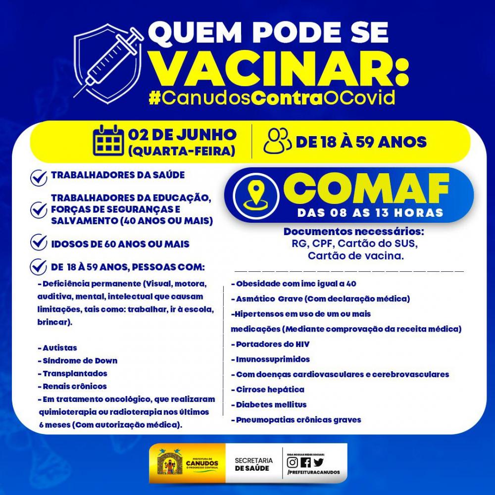 Canudos: Se você se encaixa em um dos grupos prioritários abaixo e ainda não recebeu a sua dose da vacina contra o COVID-19, amanhã (02) você poderá se vacinar