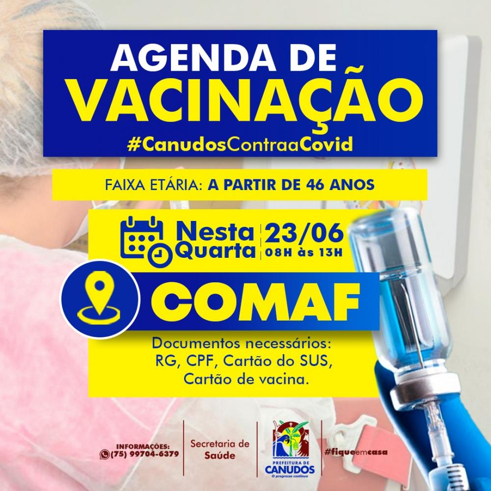 Canudos: Quarta (23) será a vez da população em geral a partir dos 46 anos. 