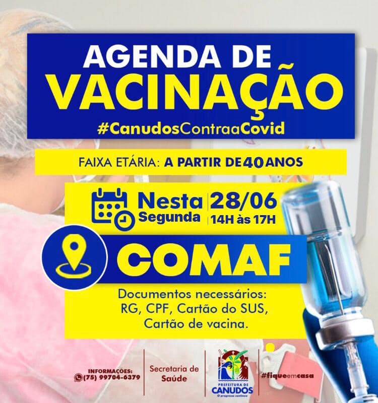 Canudos: Amanhã (28) será a vez da população em geral a partir dos 40 anos.