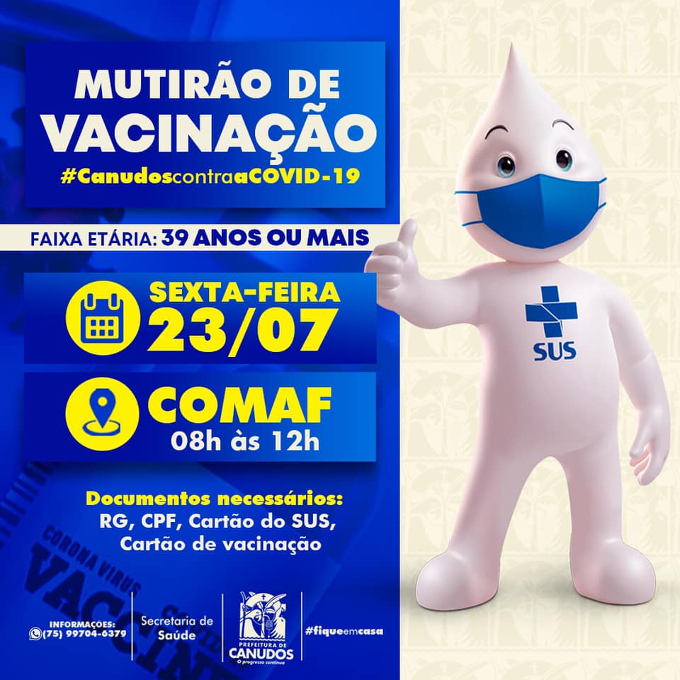 Canudos: Pessoas com 39 anos podem se vacinar Sexta-feira (23/07)
