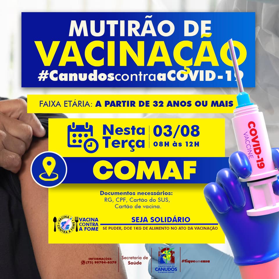 Chegou a vez da população com idade de 32 anos receber a sua primeira dose da vacina contra a COVID-19