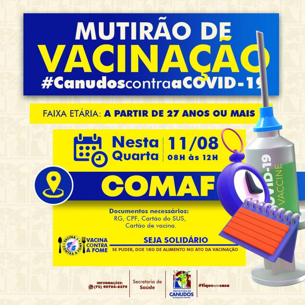 Prefeitura de Canudos anuncia vacinação a partir de 27 anos na Quarta-feira (11/08)