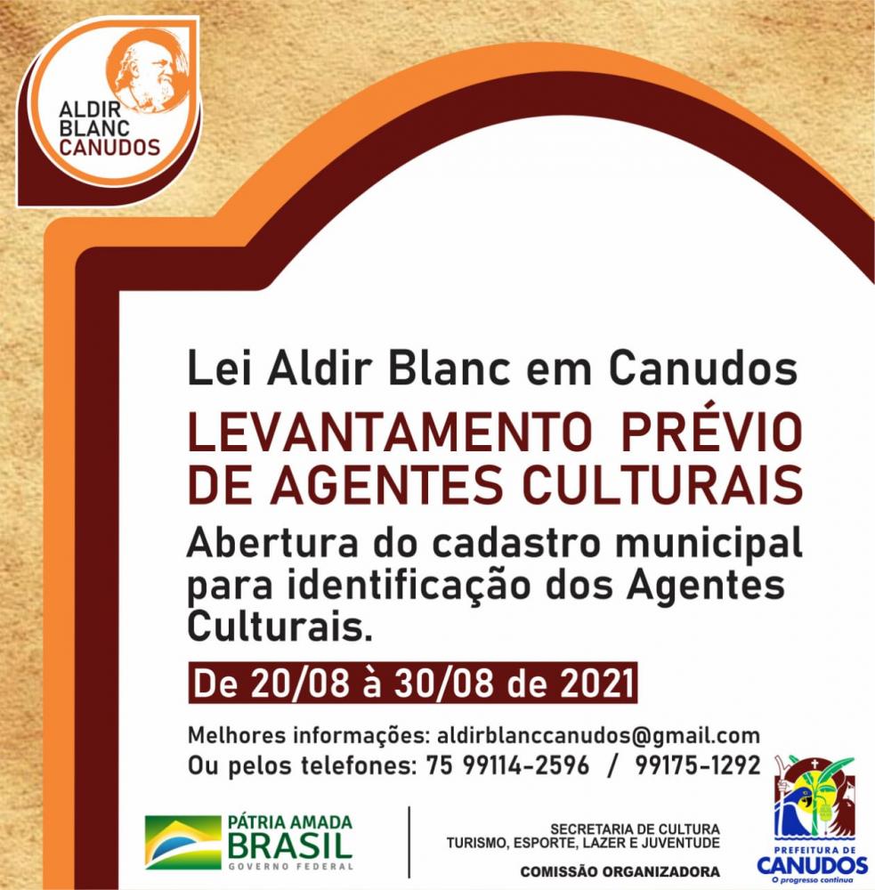 A secretaria de Cultura, Turismo, Esporte, Lazer e juventude, lança nesta sexta-feira 20 de agosto, o cadastro para inscrição de agentes culturais do município de Canudos