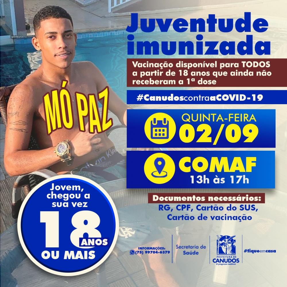 Covid-19: Canudos vacina pessoas com 18 anos ou mais a partir de Quinta-feira (02)