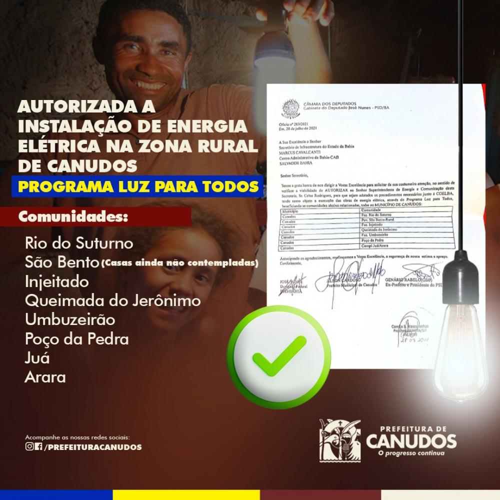 Autorizada a instalação de energia elétrica na zona rural de Canudos