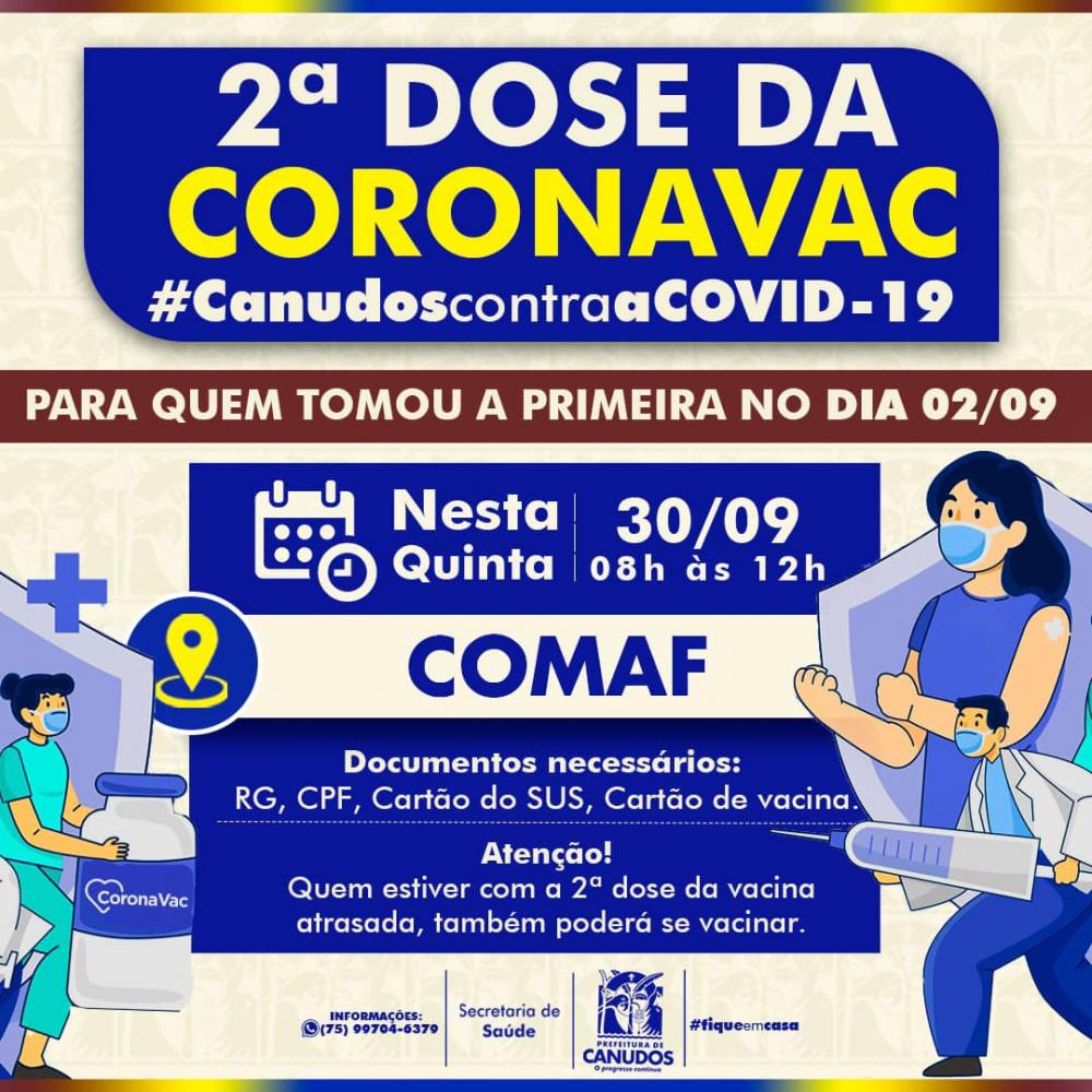 Nesta quarta (30) será o dia de receber a segunda dose da vacina Coronavac para aqueles que foram imunizados com a primeira dose no dia 02/09. 