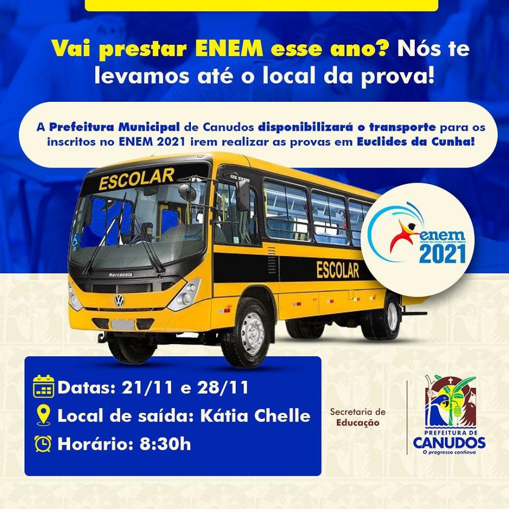 Prefeitura de Canudos disponibiliza transporte aos inscritos no Enem 2021