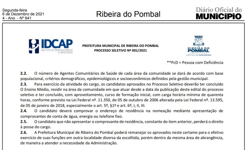 Prefeitura de Ribeira do Pombal abre processo seletivo com 20 vagas