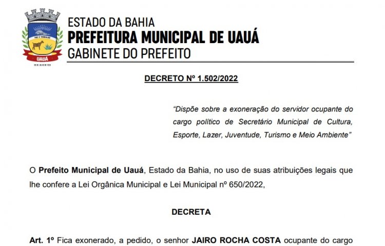 Jairo Rocha é exonerado do cargo de Secretário e deve ser empossado na quarta-feira (06/07)