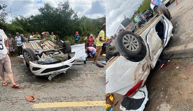 Carro que seguia para Retirolândia capota na BR 116 em Santa Bárbara e deixa cinco feridos
