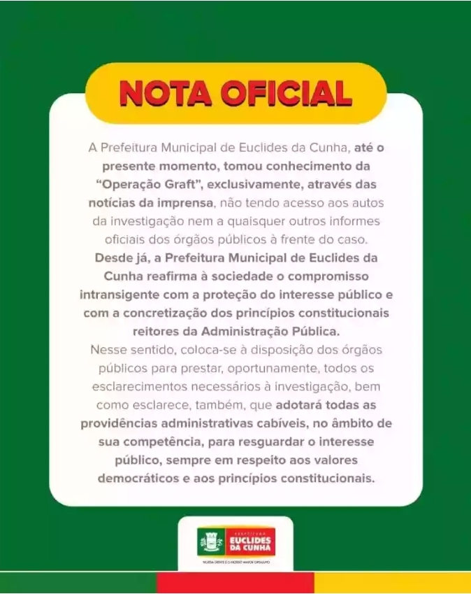 Operação “Graft”: Prefeitura de Euclides da Cunha emite nota de esclarecimento
