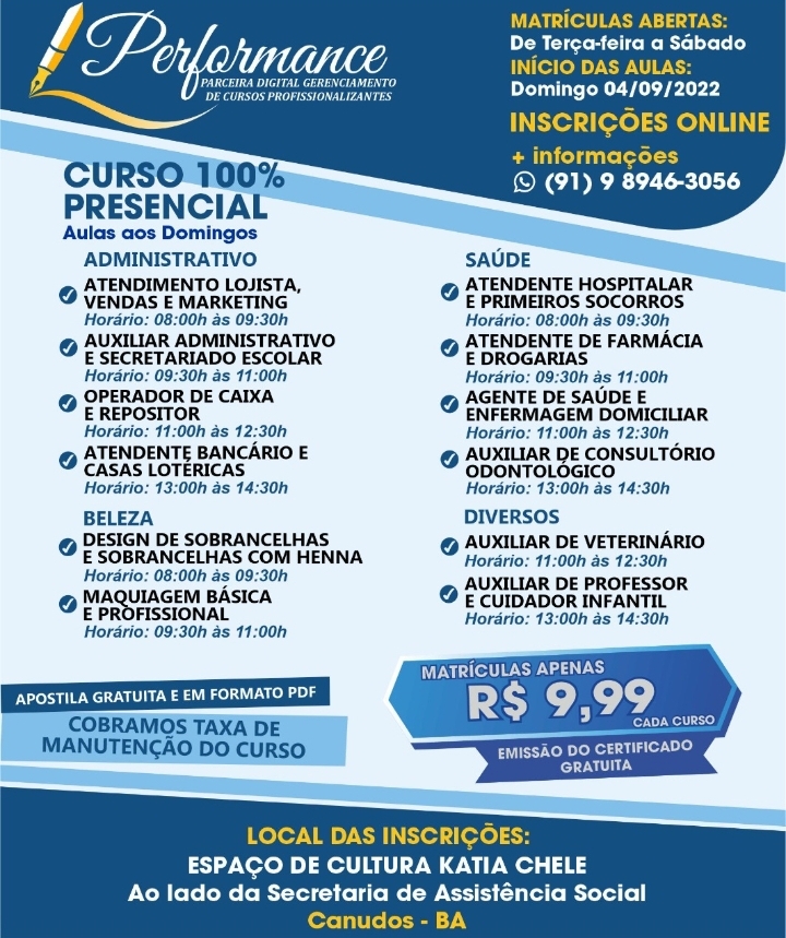 A Performance Cursos está em sua cidade oferecendo cursos Profissionalizantes Presenciais.
